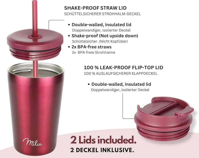 Milu Thermal Mug, 400 ml, 100% Leak-Proof, Stainless Steel Coffee Mug to Go, Insulated with Straw, Keeps Hot for 10 Hours/Cold for 20 Hours, BPA-Free (Berry, 400 ml) - Image 2