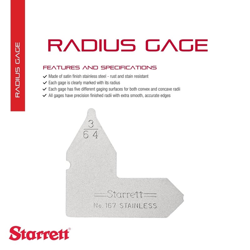 Starrett Individual Radius Gage with Extra Smooth, Accurate Edges for Convex and Concave Radii - Satin Finish Stainless Steel, 3/64" Range - 167-3/64 - Image 2
