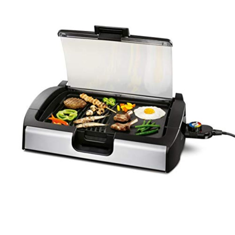 Table Top Grill for indoor cooking, stainless steel and black enamel, black/silver, compact portable design with adjustable temperature control - Image 1