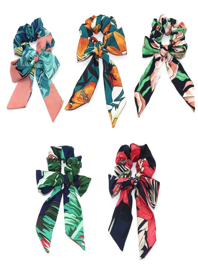 DINPREY Tropical Travel Style Scrunchy Hair Rope Ties,Ribbon Bow Scrunchies Elastics Hair Bands,Soft Scarf Hair Ties Bowknot Ponytail Holder for Women Girls (Printed Scrunchies -5PCS-A) - Image 2
