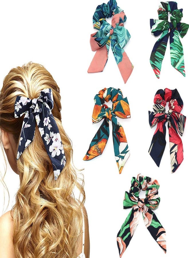 DINPREY Tropical Travel Style Scrunchy Hair Rope Ties,Ribbon Bow Scrunchies Elastics Hair Bands,Soft Scarf Hair Ties Bowknot Ponytail Holder for Women Girls (Printed Scrunchies -5PCS-A) - Image 1