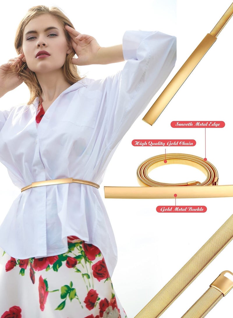 SYOSI Women's Metal Chain Belt Skinny Elastic Stretchy Decorative Waistband Adjustable Interlock Buckle for Dress Jeans, Skirts and Pants, Silver and Gold 2 Pieces - Image 3