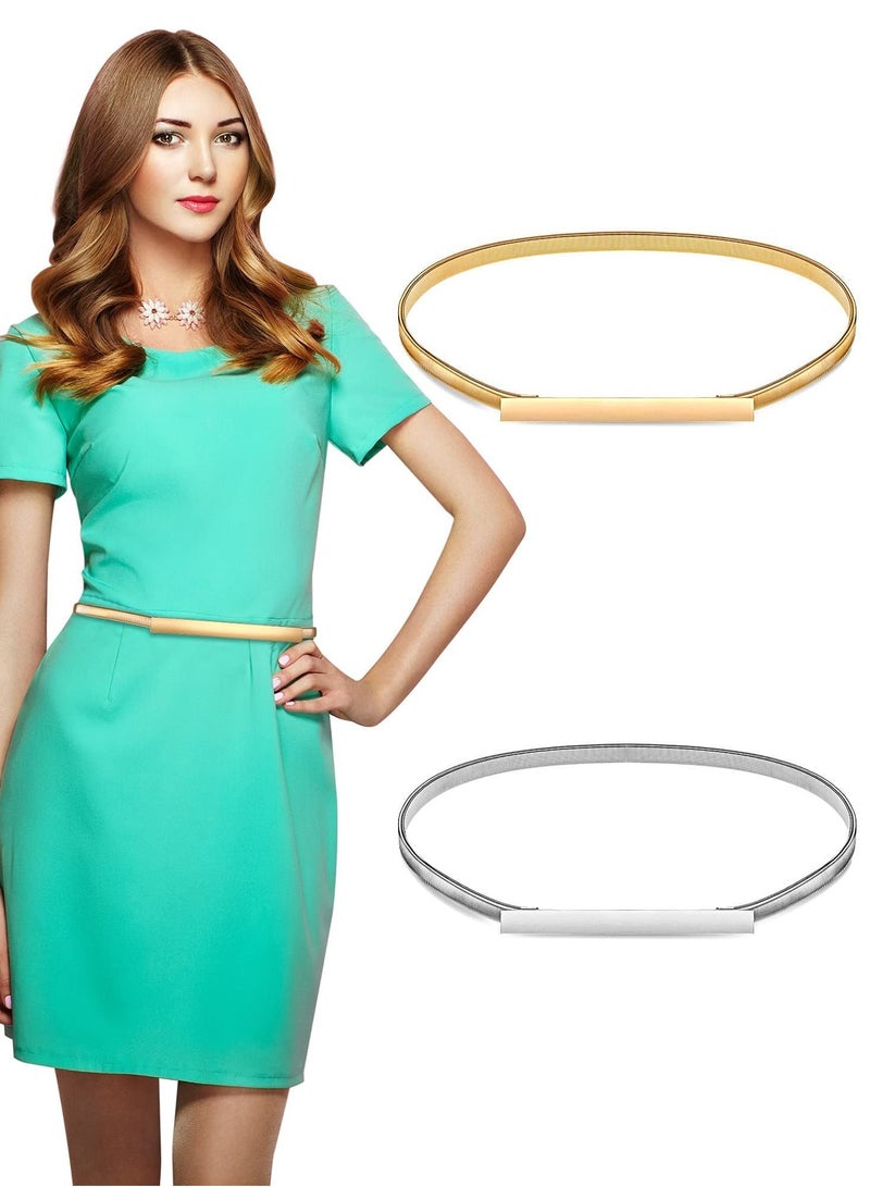 SYOSI Women's Metal Chain Belt Skinny Elastic Stretchy Decorative Waistband Adjustable Interlock Buckle for Dress Jeans, Skirts and Pants, Silver and Gold 2 Pieces - Image 1