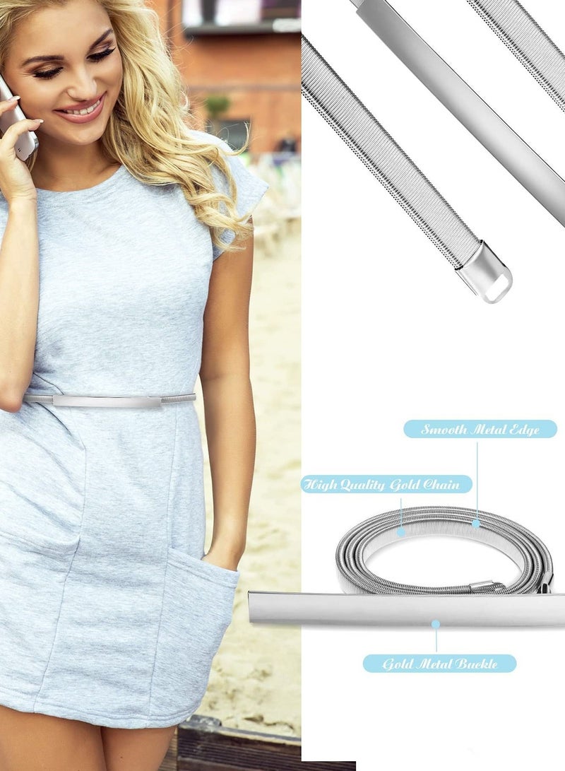 SYOSI Women's Metal Chain Belt Skinny Elastic Stretchy Decorative Waistband Adjustable Interlock Buckle for Dress Jeans, Skirts and Pants, Silver and Gold 2 Pieces - Image 4