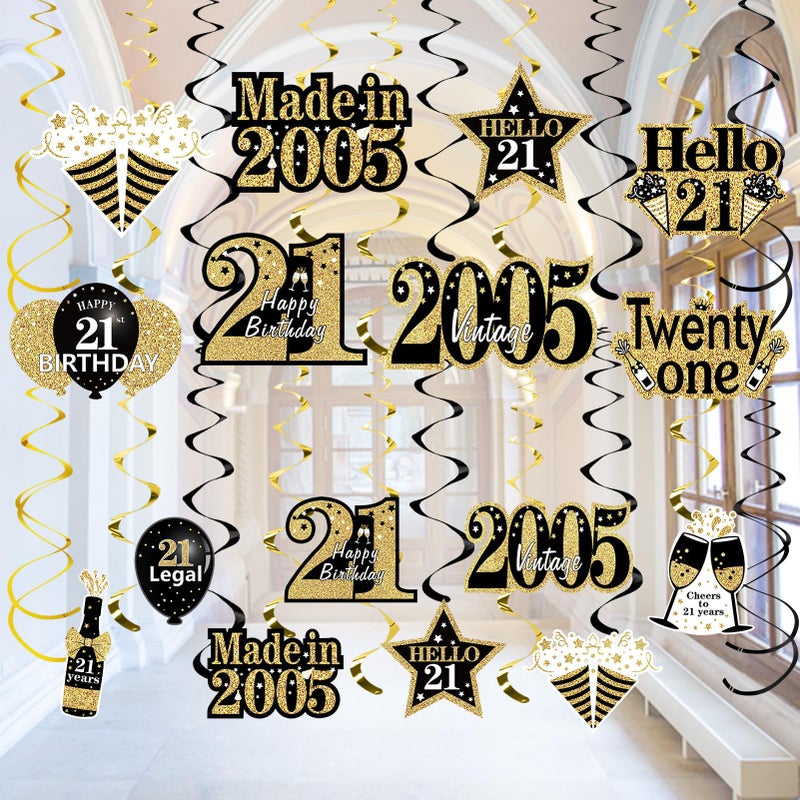 Turypaty 21st Birthday Decorations Hanging Swirls for Boys Girls Black Gold Vintage 2005 21st Birthday Foil Swirls Party Supplies TwentyOne Year Old Birthday Ceiling Hanging Decorations