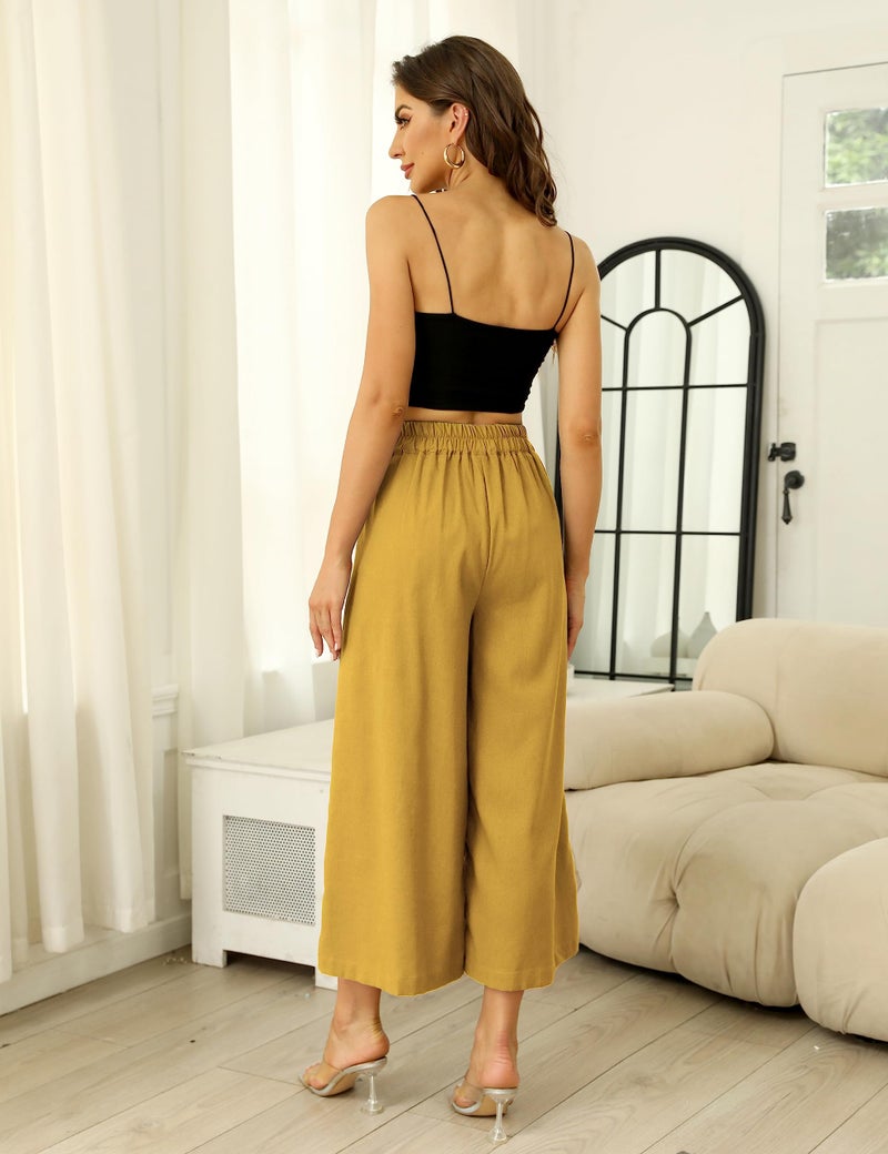 Hooever Women's Cotton Linen Culottes Pants Elastic Waist Wide Leg Palazzo Trousers Capri Pant (Yellow-L) - Image 4