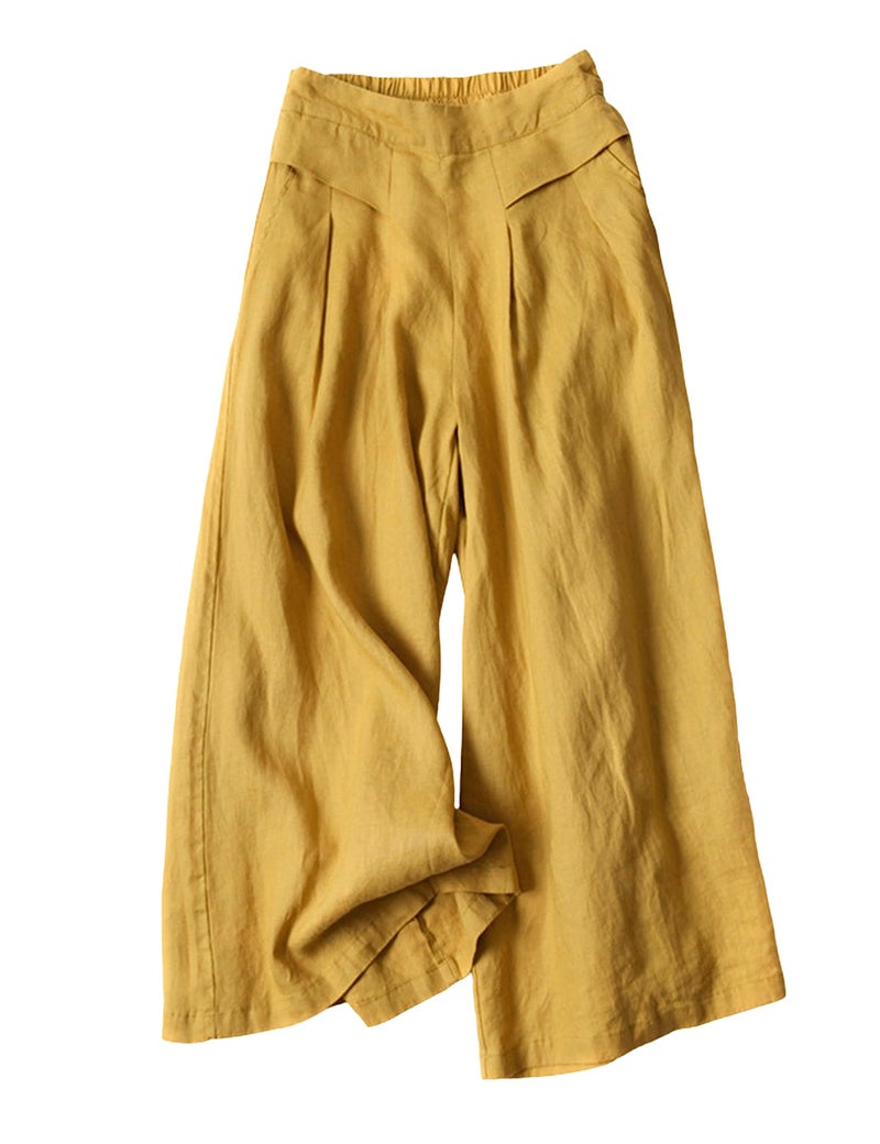 Hooever Women's Cotton Linen Culottes Pants Elastic Waist Wide Leg Palazzo Trousers Capri Pant (Yellow-L) - Image 1