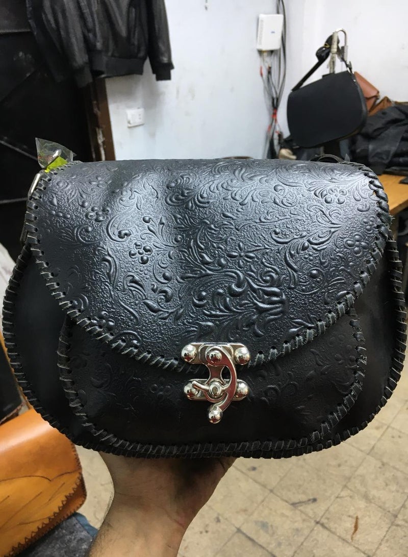 Handmade genuine leather crossbody bag, large size Leather clasp Puff pocket Clasp closure 3 zippers Strap handle Velvet lining inside Egyptian handcrafted 30*30 - Image 1