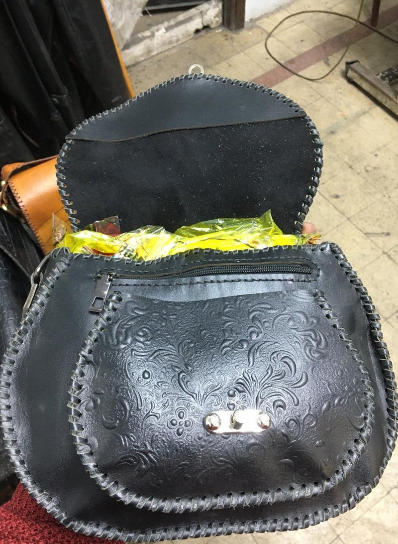 Handmade genuine leather crossbody bag, large size Leather clasp Puff pocket Clasp closure 3 zippers Strap handle Velvet lining inside Egyptian handcrafted 30*30 - Image 2