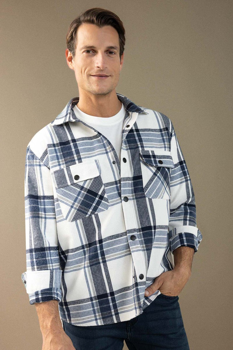 DeFacto Blue Man Relax Fit Polo Collar Lumberjack Cotton Shirt Casual - Image 1