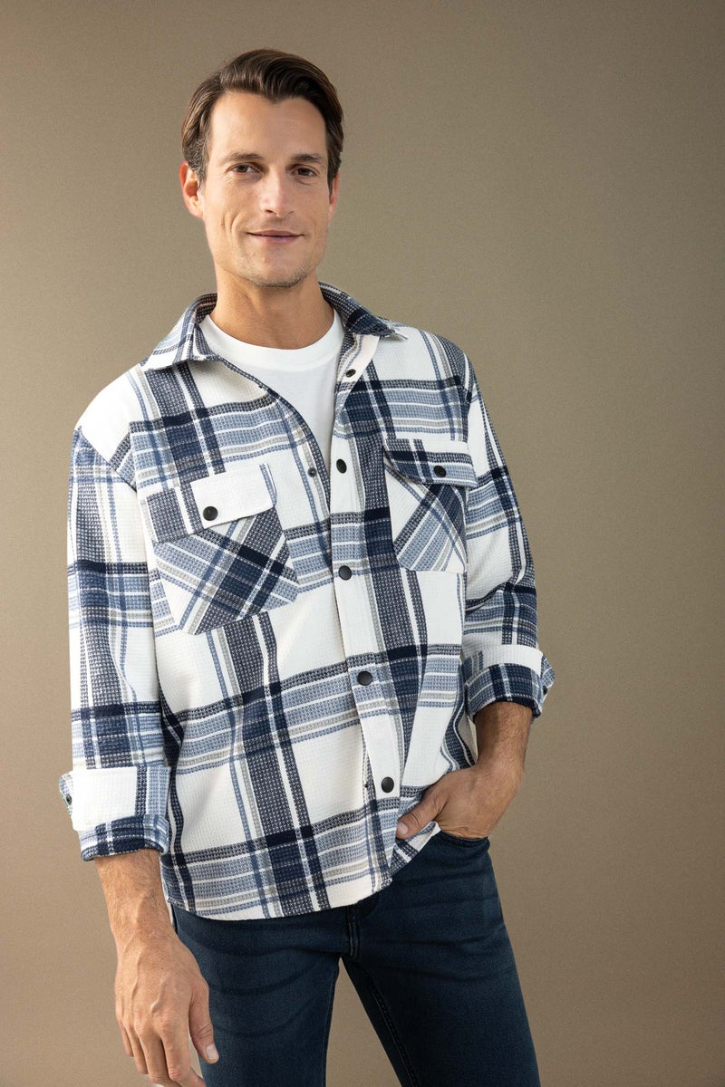 DeFacto Blue Man Relax Fit Polo Collar Lumberjack Cotton Shirt Casual - Image 4