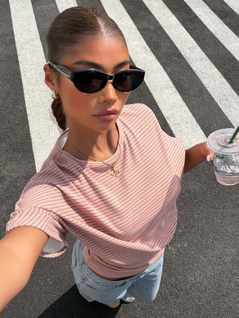 Y2K Style Women'S Striped Batwing Sleeve T - Shirt - Loose Waist - Cinching Casual Top for Summer Street Style And Outdoor Wear - Pink / XS - Image 3