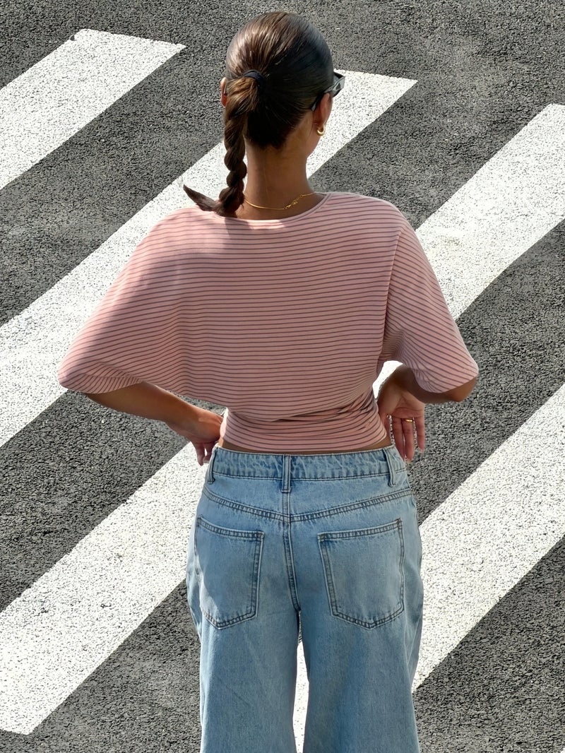 Y2K Style Women'S Striped Batwing Sleeve T - Shirt - Loose Waist - Cinching Casual Top for Summer Street Style And Outdoor Wear - Pink / XS - Image 5