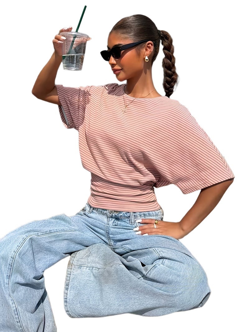 Y2K Style Women'S Striped Batwing Sleeve T - Shirt - Loose Waist - Cinching Casual Top for Summer Street Style And Outdoor Wear - Pink / XS - Image 1