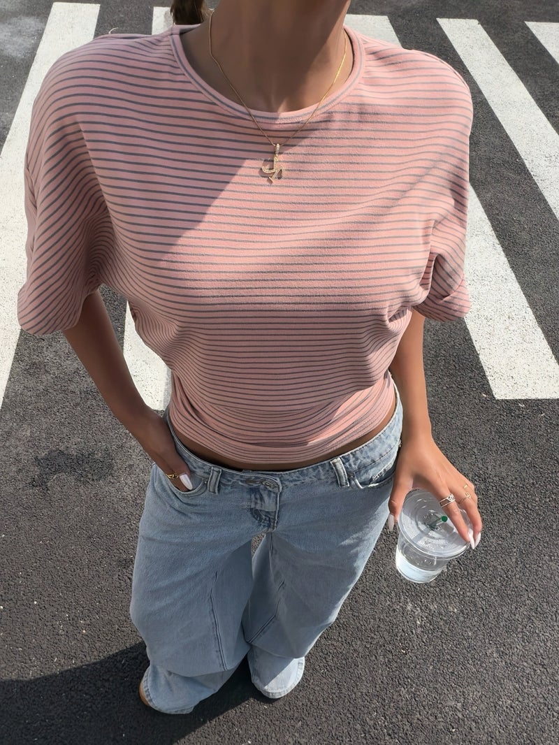 Y2K Style Women'S Striped Batwing Sleeve T - Shirt - Loose Waist - Cinching Casual Top for Summer Street Style And Outdoor Wear - Pink / XS - Image 4