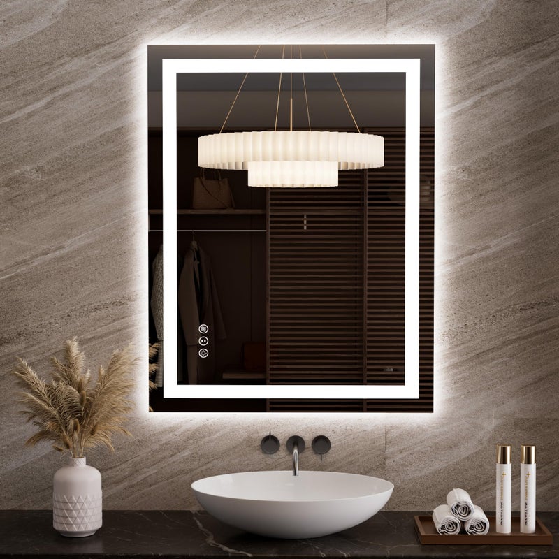 مرآة LED LOAAO 276x354 للحمام مع إضاءة مرآة حمام مضاءة مع أضواء مضادة للضباب قابلة للتعتيم وظيفة الذاكرة سهلة التركيب انعكاس واضح