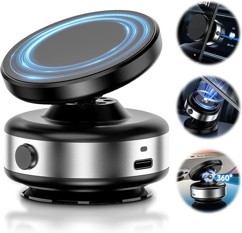 ADOFYS Upgraded 360° Adjustable Electric Vacuum Magnetic Suction Cup Phone Mount, Hands-Free Magnetic Cell Phone Holder for Car/Gym/Mirror/Smooth Surface Compatible with Magsafe iPhone, Silver - Image 1