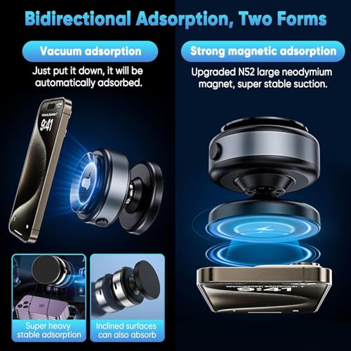 ADOFYS Upgraded 360° Adjustable Electric Vacuum Magnetic Suction Cup Phone Mount, Hands-Free Magnetic Cell Phone Holder for Car/Gym/Mirror/Smooth Surface Compatible with Magsafe iPhone, Silver - Image 4