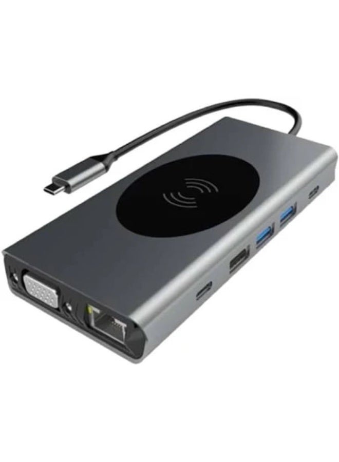 13 In 1 Wireless Hub Dongle with Wireless Charging, Docking Station Adapter with 4K HDMI, VGA, 2 x USB 3.0, USB C 3.0 & 2.0, RJ45 Ethernet, PD 100W, SD/TF & 3.5 mm AUX