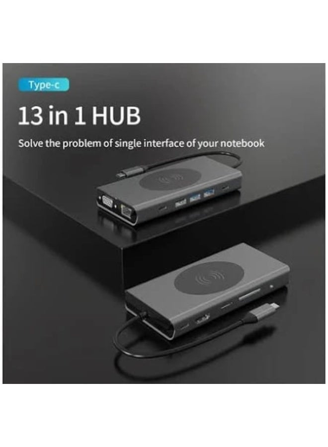 13 In 1 Wireless Hub Dongle with Wireless Charging, Docking Station Adapter with 4K HDMI, VGA, 2 x USB 3.0, USB C 3.0 & 2.0, RJ45 Ethernet, PD 100W, SD/TF & 3.5 mm AUX - Image 3