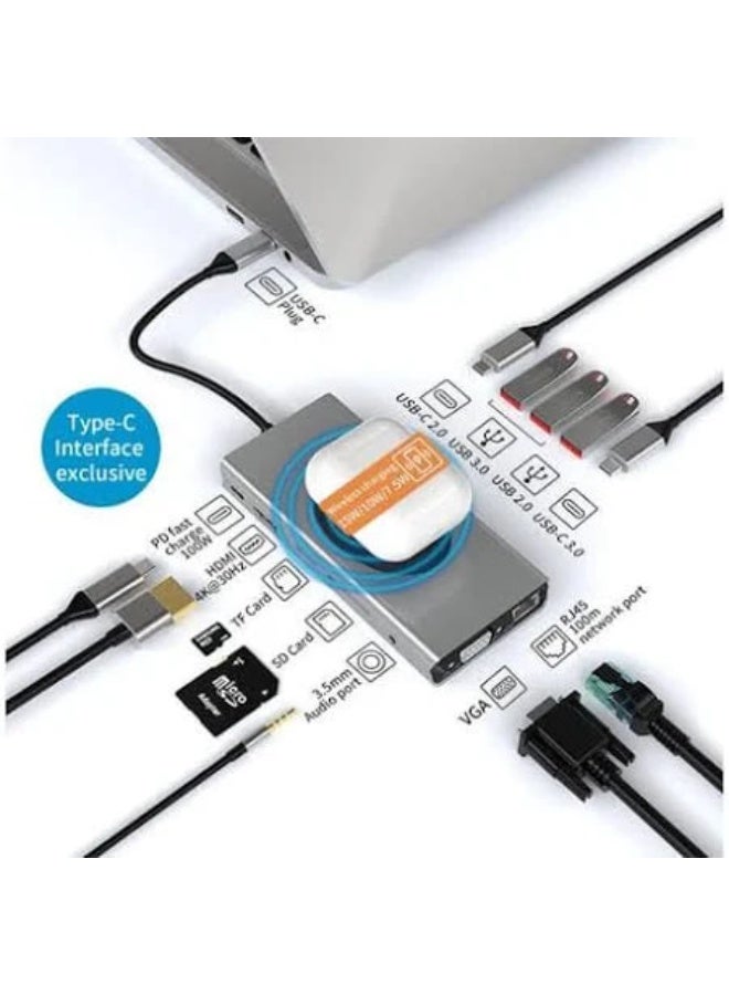 13 In 1 Wireless Hub Dongle with Wireless Charging, Docking Station Adapter with 4K HDMI, VGA, 2 x USB 3.0, USB C 3.0 & 2.0, RJ45 Ethernet, PD 100W, SD/TF & 3.5 mm AUX - Image 2