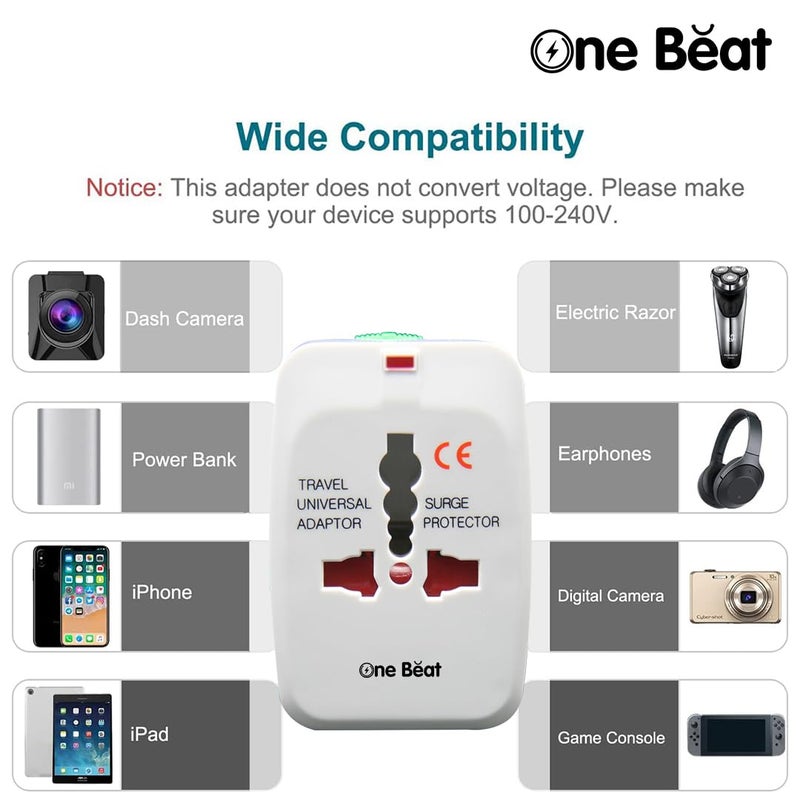 One Beat Worldwide All in One Universal Travel Adapter 1 Type C 2 USB A Ports International Plug Adapter for Cell Phones Tablets Camera White - Image 3