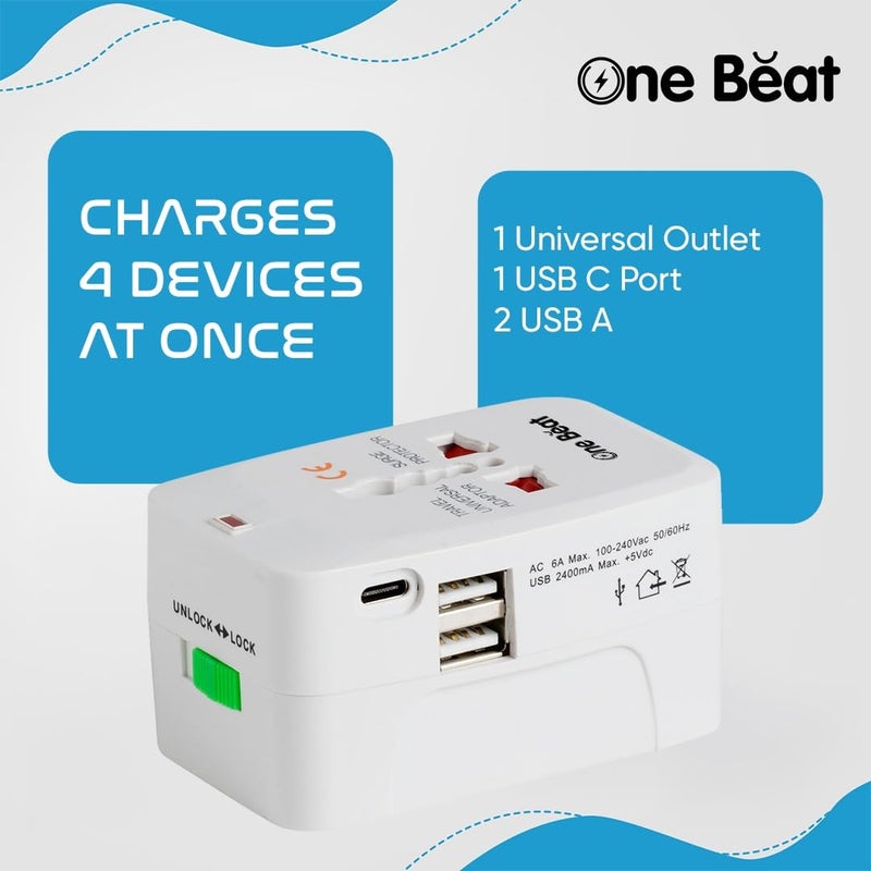 One Beat Worldwide All in One Universal Travel Adapter 1 Type C 2 USB A Ports International Plug Adapter for Cell Phones Tablets Camera White - Image 4