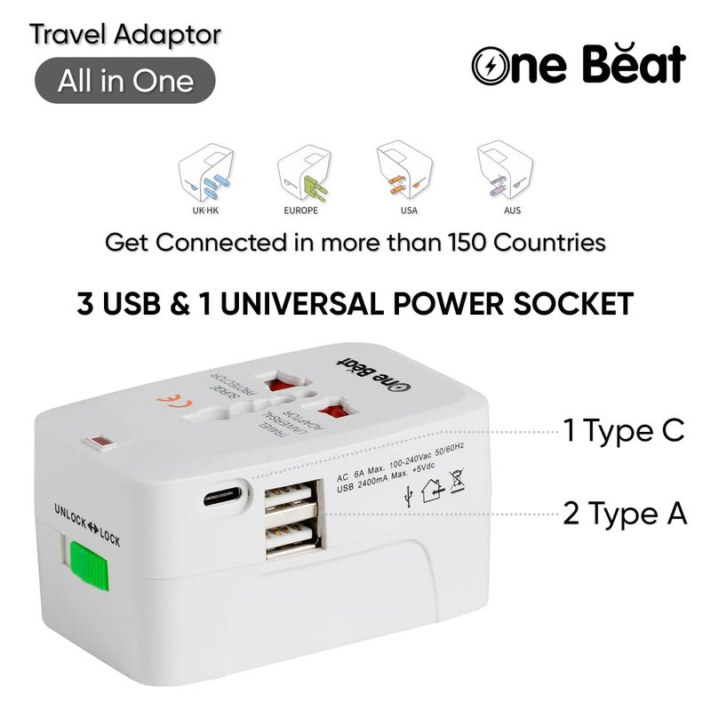 One Beat Worldwide All in One Universal Travel Adapter 1 Type C 2 USB A Ports International Plug Adapter for Cell Phones Tablets Camera White - Image 2