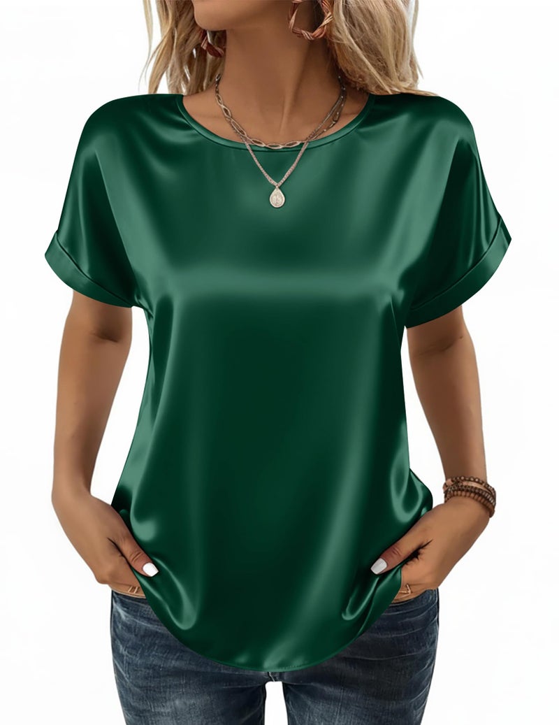 Zeagoo Satin Blouse for Women Dressy Casual Short Sleeve Summer Tops Crewneck Silk Shirts Work Tee Business Clothes Green - Image 1