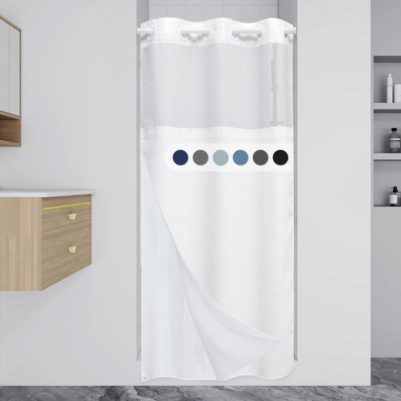 EUTXL Stall No Hook Shower Curtain with Snap in Liner 230GSM Waffle Weave Shower Curtains for Bathroom 36W x 74H White - Image 1