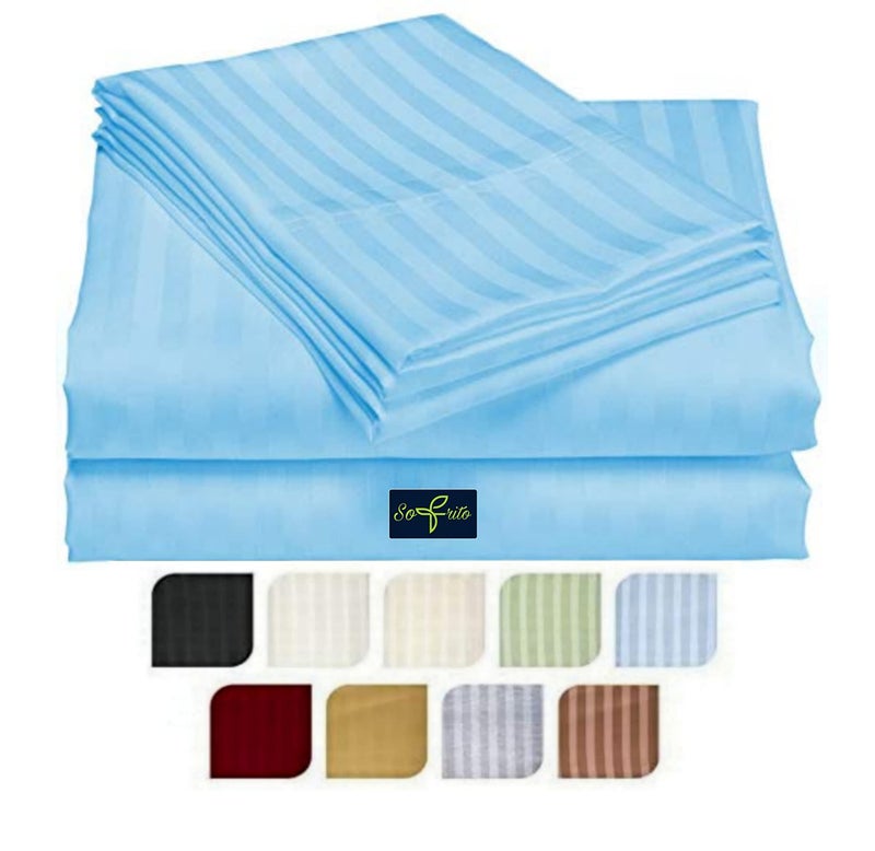 Sofrito Bed Sheet Glace Cotton Striped – 300 TC – Queen (90"x108") – with 2 Pillow Cover | Ideal for Hospitals, Clinics, Hostels, PGs, Hotels & Guest Houses | Baby Blue - Image 1