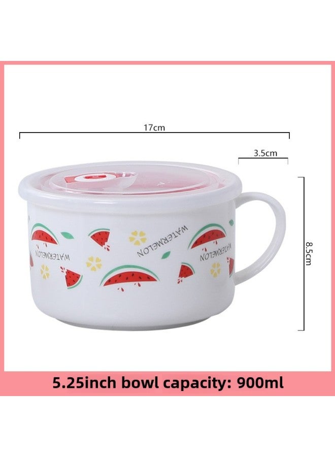 Creative Cartoon Ceramic Lunch Box Student Noodle Cup Lunch Box Instant Noodle Soup Bowl With Lid Handle Promotional Advertising Gifts-Specifications:Watermelon-Color:White  - Image 1