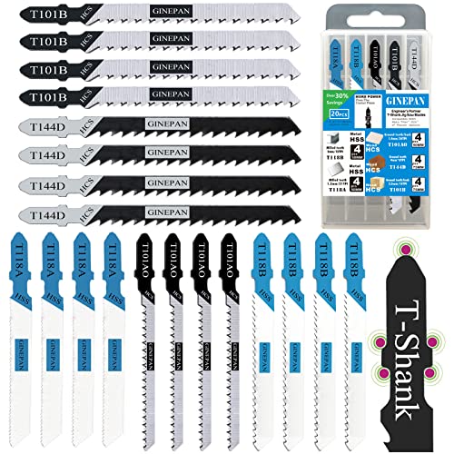 GINEPAN 20PCS T Shank Jigsaw Blades Tool for Wood Plastic Metal Compatible with 90% Power Jig Saws Such as Bosch DEWALT RYOBI One+ Makita SKIL Black+Decker Includes 4 Each of T101B T101AO T144D T118A & T118B - Image 1