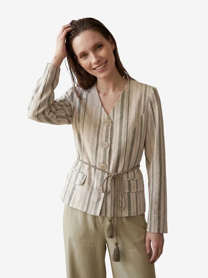 My Fashion Beige Natural MY FASHION Striped belted poplin jacket for Women | Best Price UAE