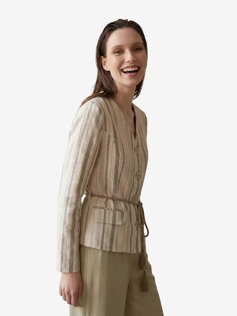 My Fashion Beige Natural MY FASHION Striped belted poplin jacket for Women | Best Price UAE