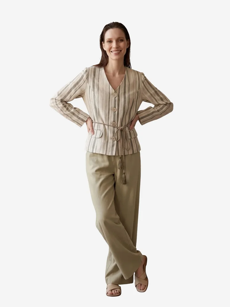 ماي فاشن MY FASHION Striped belted poplin jacket