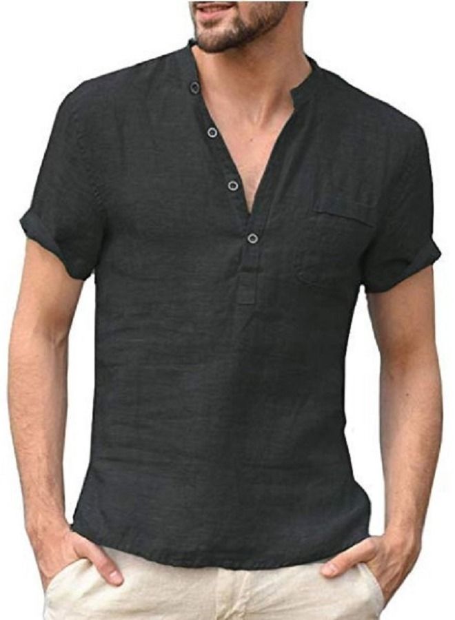 NIBEMINENT Men's Cotton Linen Stand Collar Button Down Shirt 