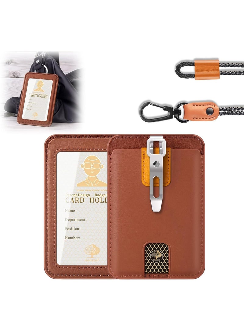 Goserda® Premium Leather ID Badge Holder with Clear Window, Adjustable Lanyard & Detachable Metal Clip for Office & School Use (Brown) - Image 1