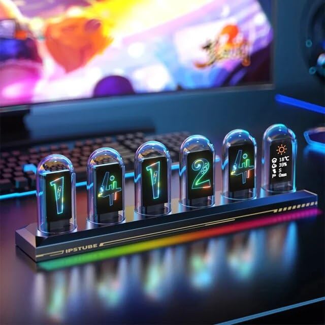 PRECHANA IPS DIY Nixie Tube Clock Electronic Simulation With 6 Bit LCD Screen 1224 Hours RGB Backlit Desktop Decoration Gifts Digital Glass RGB Nixi Tube ClockBlack - Image 1