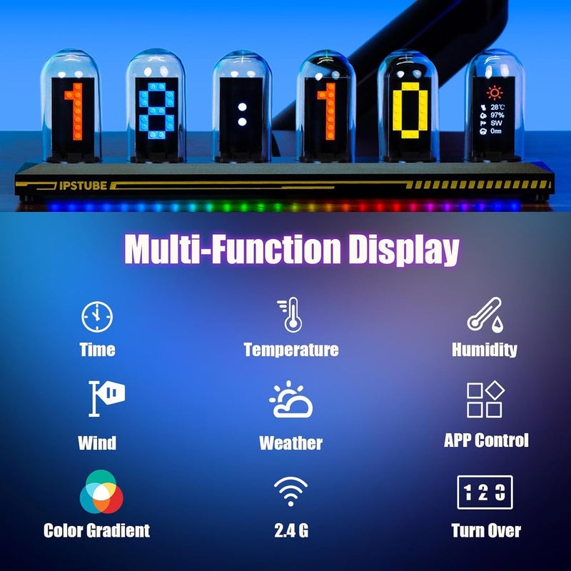 PRECHANA IPS DIY Nixie Tube Clock Electronic Simulation With 6 Bit LCD Screen 1224 Hours RGB Backlit Desktop Decoration Gifts Digital Glass RGB Nixi Tube ClockBlack - Image 2