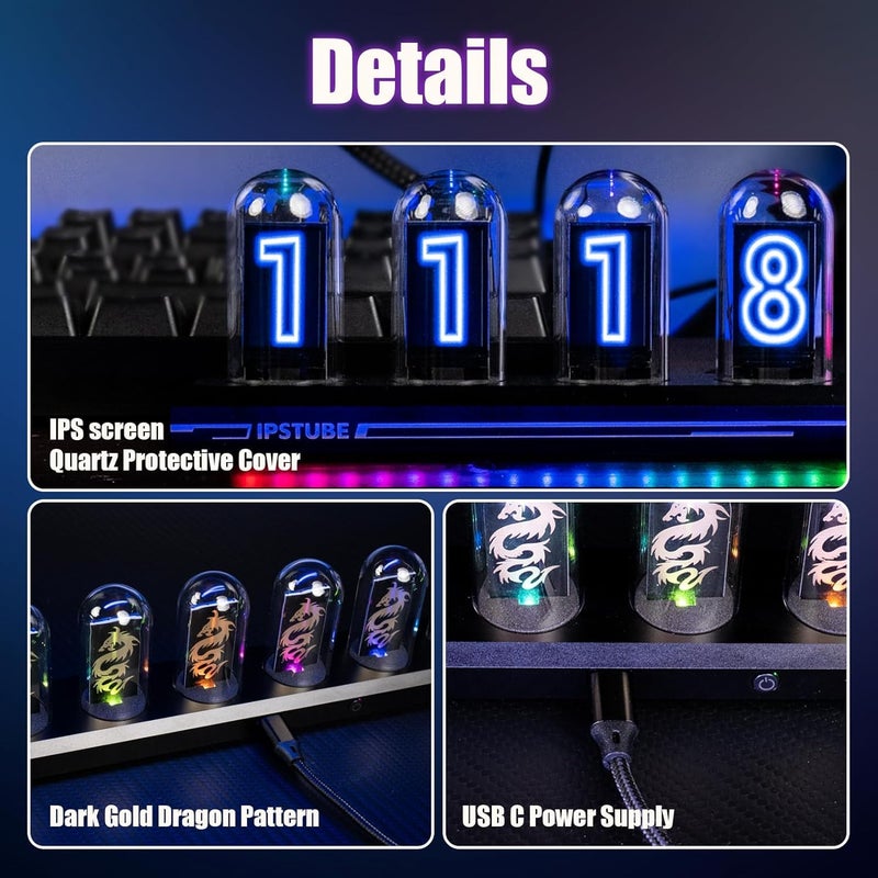 PRECHANA IPS DIY Nixie Tube Clock Electronic Simulation With 6 Bit LCD Screen 1224 Hours RGB Backlit Desktop Decoration Gifts Digital Glass RGB Nixi Tube ClockBlack - Image 3