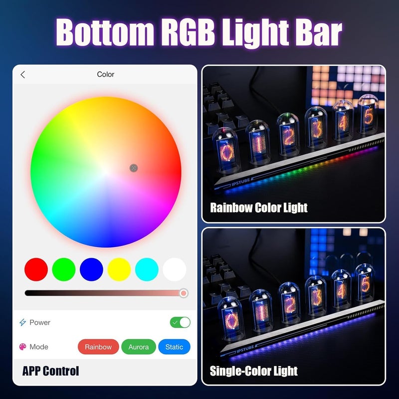 PRECHANA IPS DIY Nixie Tube Clock Electronic Simulation With 6 Bit LCD Screen 1224 Hours RGB Backlit Desktop Decoration Gifts Digital Glass RGB Nixi Tube ClockBlack - Image 4