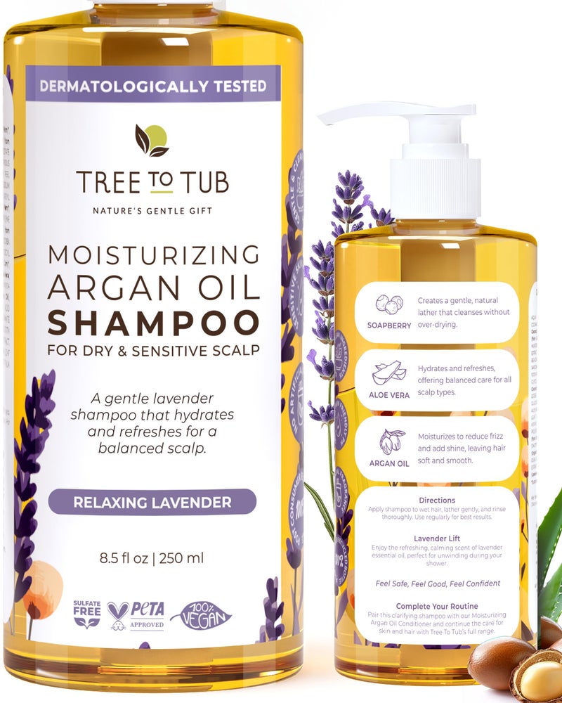 Tree to Tub Lavender Dry Hair Shampoo for Sensitive Scalp - Gentle Hydrating Dry Scalp Shampoo for Women & Men, Moisturizing Sulfate Free Shampoo w/Organic Argan Oil, Chamomile, All Natural Aloe Vera - Image 1