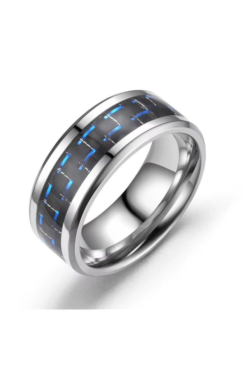 روماد خاتم عصري من الفولاذ المقاوم للصدأ وألياف الكربون، مقاس 8 مم بتصميم مشطوف أنيق. - Image 1