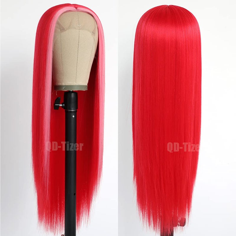 QD-Tizer Raspberry Red Hair Color Lace Front Wig Long Straight Hair Light Pink Highlights Wig Heat Resistant Fiber Hair Synthetic Lace Front Wigs for Fashion Women - Image 3