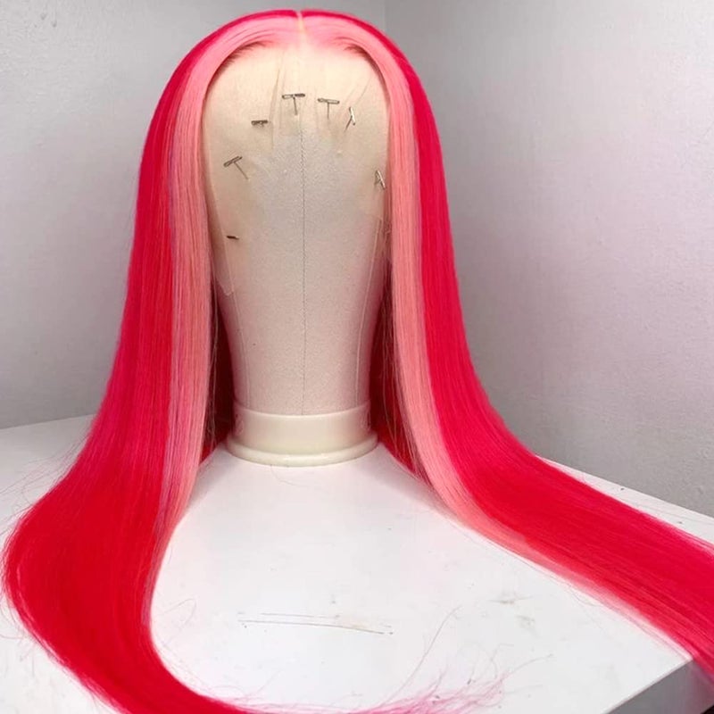 QD-Tizer Raspberry Red Hair Color Lace Front Wig Long Straight Hair Light Pink Highlights Wig Heat Resistant Fiber Hair Synthetic Lace Front Wigs for Fashion Women - Image 2