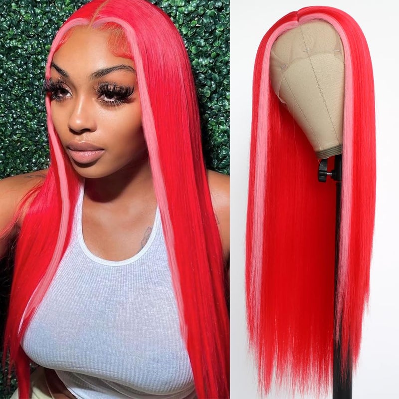 QD-Tizer Raspberry Red Hair Color Lace Front Wig Long Straight Hair Light Pink Highlights Wig Heat Resistant Fiber Hair Synthetic Lace Front Wigs for Fashion Women - Image 1