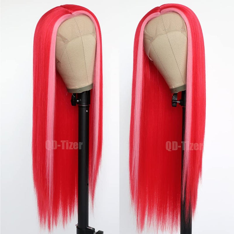 QD-Tizer Raspberry Red Hair Color Lace Front Wig Long Straight Hair Light Pink Highlights Wig Heat Resistant Fiber Hair Synthetic Lace Front Wigs for Fashion Women - Image 4