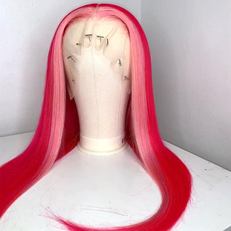 QD-Tizer Raspberry Red Hair Color Lace Front Wig Long Straight Hair Light Pink Highlights Wig Heat Resistant Fiber Hair Synthetic Lace Front Wigs for Fashion Women - Image 5
