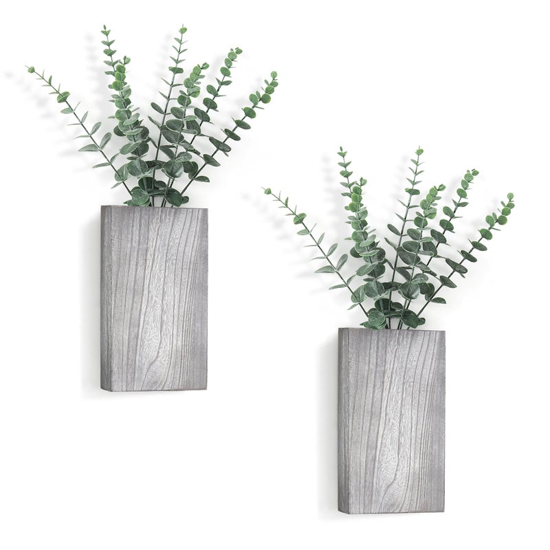 Dahey 2 Pack Wood Wall Planter Vase with Artificial Eucalyptus Farmhouse Wall Hanging Decor Pocket Planter for Indoor Fake Plants Greenery, Living Room Bedroom Kitchen Home Office Decoration, Grey - Image 1